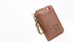 BULLCAPTAIN Top Layer Leather Key Case Mens Anti-theft Brush Coin Purse Card Case