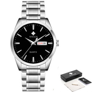WWOOR Watch For Men Classic Date Male Clock Silver Luxury Quartz Waterproof Stainless Steel Strap