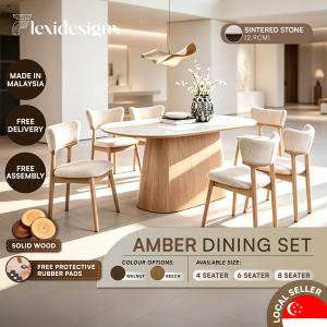 Flexidesignx AMBER Solid Wood Dining Set Sintered Stone Table Boucle Fabric Chair Walnut Beech