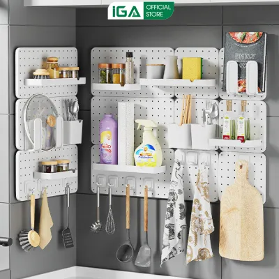 Bảng Pegboard kim loại kèm phụ kiện khay và móc để đồ đa năng kệ dán tường không cần khoan đục - GM170