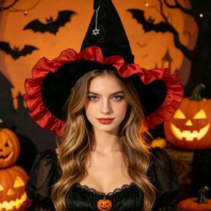 TANFU Lace Halloween Hat Star Pendant Satin Bow Lolita Witch Hat Cosplay Accessories Tall Pointed Cone Top Masquerade Cap Halloween Party