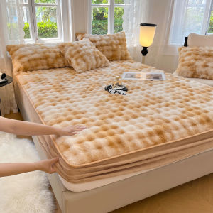 【Super low price】Luxury Super Soft Faux Rabbit Fur Fitted Sheet and Pillowcase Thick Warm Winter Mattress Protector Tie Dye Plush Mattress Cover