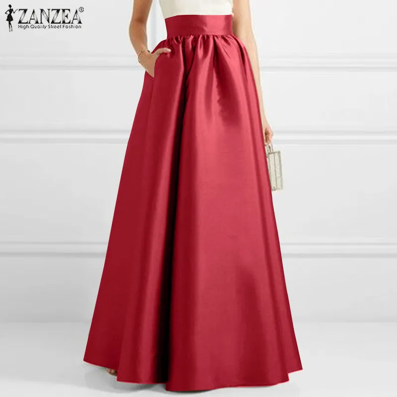 ZANZEA Women Party Evening High Waist A-Line Pleated Skirt Solid Long Maxi  Dress 