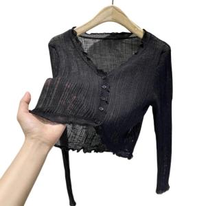 คาร์ดิแกนผ้าไหมน้ำแข็งระบายอากาศกันแดดสำหรับผู้หญิงเสื้อครอปแบบติดกระดุมเสื้อคอวีคลุมกางเกงชั้นในสำหรับผู้ชายฤดูร้อนน้ำหนักเบา