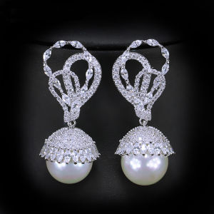 SEQUITO Fine Brides Ear Jewelry White Gold Color Micro Pave Shiny AAA CZ Zirconia Big Pearl Long Dangle Drop Earrings Bridal Wedding Dress Accessories SE736