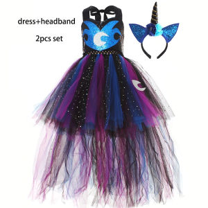 Ali9Disguise Twilight Sparkle Princess Luna Cosplay Costume Girls Unicorn Fancy Tutu Dress with Wing Headband Halloween Clothes