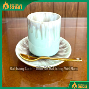 Bộ Cốc Trụ Men Hỏa Biến Bát Tràng 200ml Kèm Đĩa Thìa Ly Gốm Uống Trà Cafe Nước 4 Màu Men Độc Đáo