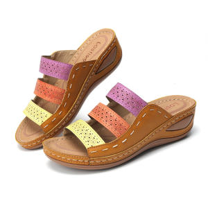 [Free Shipping] WomenS Sandals Spring New Collection Wedge Heel Color-Block Design One-Strap Style Available In Stock