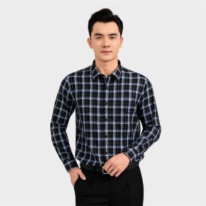 Áo sơ mi dài tay Aristino ALS15702 màu Đen kẻ trắng dáng regular fit vải sợi tre