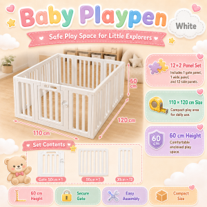 PlayPark Baby Playpen HDPE Safety Fence Adjustable Indoor Play Yard Easy Install Drop Resistant Baby Fence for Toddlers