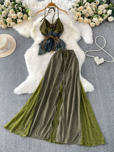 Women Halter Camisole Slim Waist Atmosphere Lace Spliced Elegant Flared Skirt Two-Piece Set H260729
