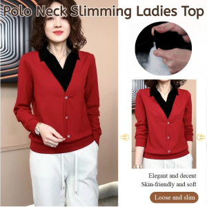 Polo Neck Slimming Ladies Top Spring Autumn Stylish Chic Lapel Fake Two-Piece Long Sleeve Cotton Blend Shirt