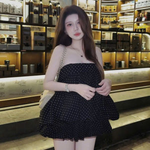 Set du lịch mặc hè set tiểu thư xinh đồ đi tiệc dễ thương áo quây form Bí chấm bi phối Lưới mix chân váy ngắn xoè Mango có lót