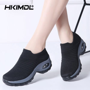 HKIMDL 2020 Autumn Women Sneakers Shoes Flat Slip On Platform Sneakers For Women Black Breathable Mesh Sock Sneakers Shoes