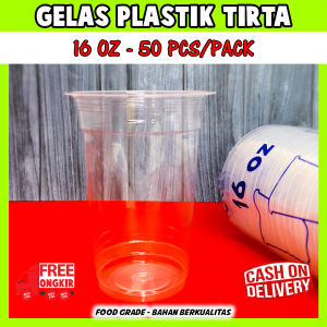 Gelas plastik bening juice 16 Oz Tirta / jus / kopi tebal premium datar  isi 50 pcs bisa utk di print sablon