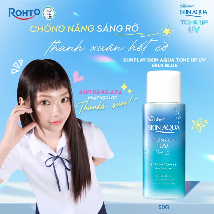 Kem chống nắng nâng tông Skin Aqua Tone up Blue cho da vàng có khuyết điểm đỏ, dạng sữa Sunplay Skin Aqua Tone Up UV Milk Blue SPF 50+ PA++++ 50g