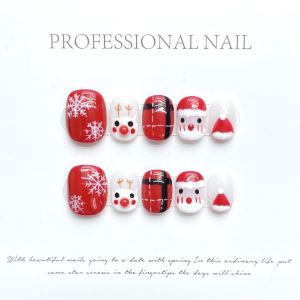 [HANDMADE]Artificial Nail New Autumn Winter Cute Hand Panting Red Christmas Elk Short Style Phototpy Nails Reusable and Removable Nails