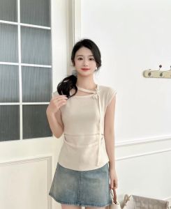 ＜1220＞  Áo Dệt Kim Hoa Cà Vạt Chéo Thiết Kế Phong Cách Hàn Quốc Ngọt Ngào Và Cay Áo Nữ Mẫu Ngắn Tay Bay Nhỏ Cổ Vuông Vai Trước Mùa Hè