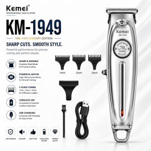 Kemei KM-1949 Professional T-Blade Cordless Hair Clipper All-Metal Beard Trimmer & Shaver USB Rechargeable Grooming Kit Lelaki Mesin Potong Rambut Elektrik untuk Barber Rumah & Salon
