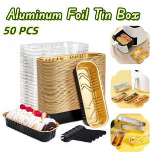 50Pcs Dessert Box Rectangle Aluminum Foil Tin Box with Lid Cupcake Baking Pan BBQ Tray Cake Boxes