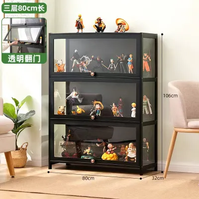 KIMDELIN Display Cabinet Black Acrylic Three Sided Transparent Figure Collection Living Room Wood Bookshelf Cabinet