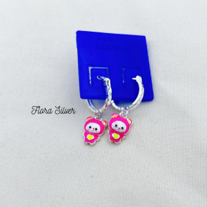 FLORA 0388B - Bông tai bạc ta hình gấu màu xanh hồng tím dành cho bé gái