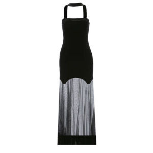 เดรสยาวสีดำ เกาะอก ผ้ากำมะหยี่ หลังยางยืด มีสายคล้องคอจากด้านหลัง กระโปรงทรงเอแต่งผ้าตาข่าย ซีทรู เซ็กซี่ Dress ชุดไปทะเล #5544