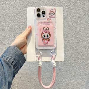 Pink cartoon labubu card pocket phone case for iPhone 11 12 13 14 15 16 Pro Max Plus casing Wear a hanging rope anti fall protective cover for iPhone16 case
