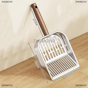 [COD] ZHONGYI0 Thép không gỉ mèo xả rác Scoop dài bằng gỗ xử lý chất thải vật nuôi Xẻng công cụ làm sạch dài xử lý rỗng xẻng mèo Nguồn cung cấp