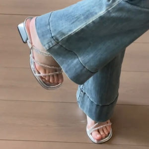 Ielgy bạc dày đế dép tông cho phụ nữ với gót trung bình vuông Toe hở ngón dép