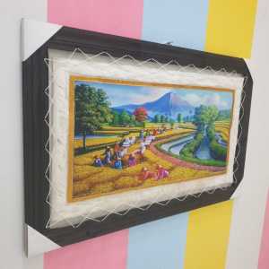 Hiasan Dinding Lukisan Panen Raya/Padi Menguning Jumbo Sablon Asli Kulit KAmbing