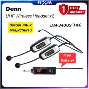 Original Denn DM-340US (HH) 2 x Professional Ultra High Frequency (UHF) Wireless Headset Microphone (Mono 12 Selectable Channel) Mic DM340US [Mikrofon Kepala Tanpa Wayar Untuk Imam Masjid/Surau] FIXIA