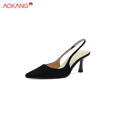 AOKANG French style black high heels women's new metal pointed toe stiletto high heels