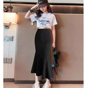 Rok Budak Perempuan Stail Perancis a Baru a Barat Musim Panas Pertengahan Gaun Puteri Bawah Lutut A Rok Ekor Ikan