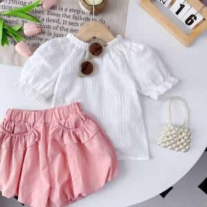 Bear Leader 3-7 Years Old Baby Girls Clothing Set Round Neck Bubble Sleeve Pleated Top+flower Bud Shorts 2pcs Set 2023 New Summer