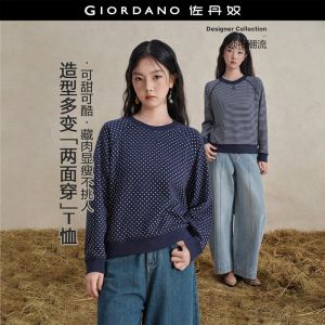 GIORDANO Women T-Shirts Reversible Polka Dot & Stripe Tee Crewneck Raglan Sleeve Fashionable Casual Loose T-Shirts 18326231