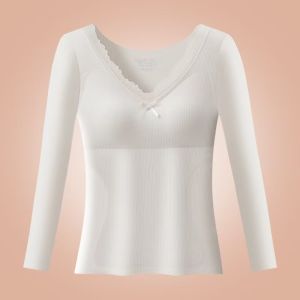 M-2XL For 45-75.5kg Cold-Proof Lace Trim Warm Long-Sleeve Womens Slim Fit Base Thermal Underwear with Chest Pads for Autumn and Winter