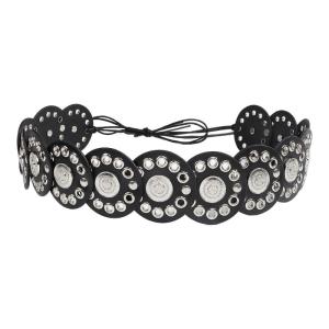 Bohemian Wide PU Leather Disk Waist Belt for Women Adjustable Western Waistband with Large Eyelets for Evening Party