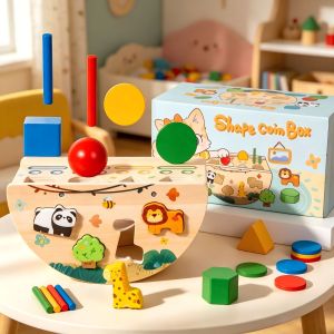 Hộp Thả Hình Khối Gỗ Montessori Đa Năng Thả Xu Cho Bé Phân Biệt Hình Khối Màu Sắc Phát Triển Tư Duy