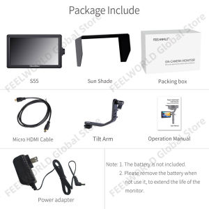 FEELWORLD S55 6 Inch 4k Portable Camera DSLR Field Monitor HDMI Input Output Small Full HD 1920x1080 IPS Tilt Arm Power
