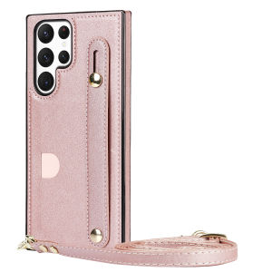 Crossbody Leather Card Holder Case Hand Strap Kickstand Cover for Samsung Galaxy S23 Ultra S22 S21 FE S20 Note 20 Wristband