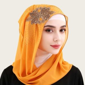 HULEQQI Sang trọng nhẹ nhàng Khăn hijab voan Trang trí hoa bằng đá pha lê Lấp lánh Khăn quàng cổ dài Nhẹ Màu đơn sắc Khăn quấn đầu Trang phục hàng ngày