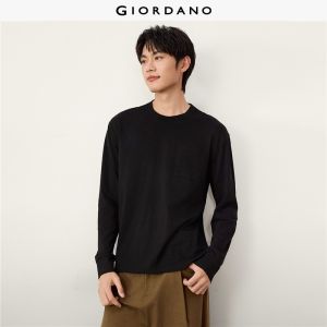 GIORDANO Men T-Shirts Single Pocket Solid Color Tee Crewneck Long Sleeve Fashioinable Casual Regular T-Shirts 13026655
