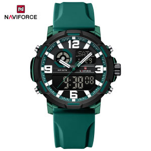NAVIFORCE Original Mens Dual Time Watch Quartz Movement LCD Digital Breathable Silicone Strap 5ATM Waterproof Calendar Date Night Pattern Mens Outdoor Leisure Fashion Multi-functional Watch NF7130