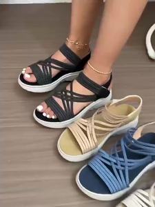 Flat-Soled 2026 Breathable New Summer Woven Hollow Thick-Soled Slip-On WomenS Casual Large Size Wedge Sandals
