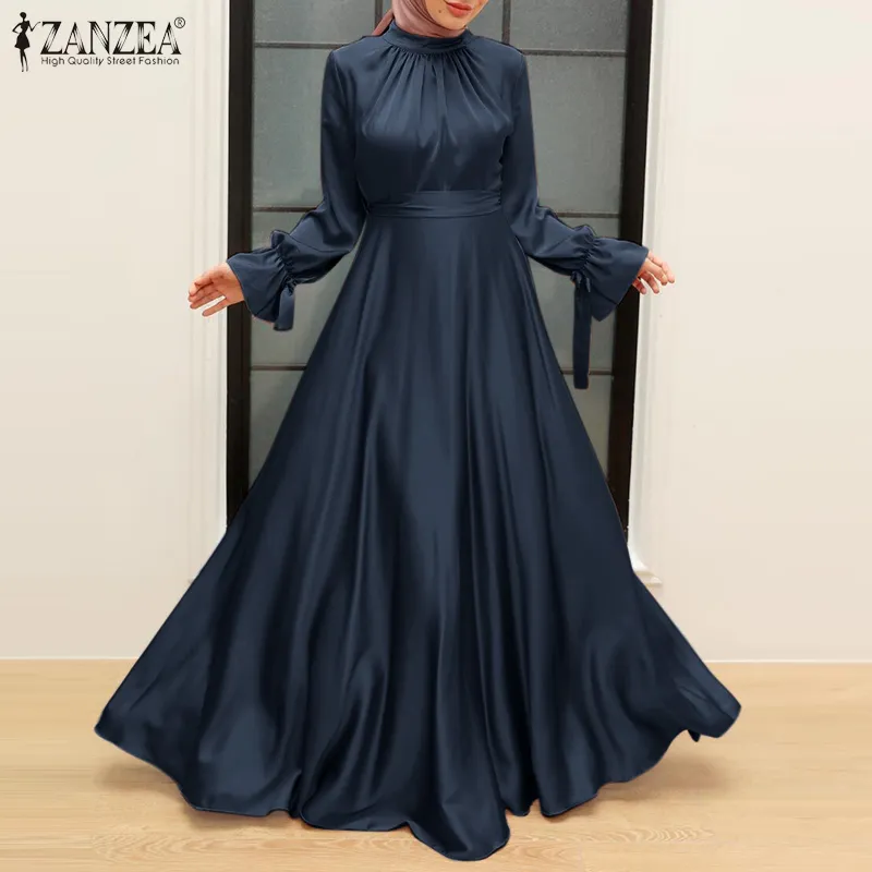 ZANZEA Muslimah Women Muslim Long Sleeve O Neck Satin Plain Baggy Evening  Prom Maxi Dress | Lazada PH