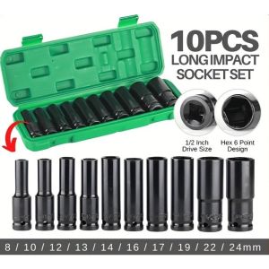 【จัดส่งตลอด 24 ชั่วโมง】ชุดลูกบล็อกยาว ชุดบล็อก ชุดประแจไฟฟ้า ลูกบล็อคลมยาว ลูกบล็อกดำ 1/2 4หุน ตัวยาว 10 ตัว /ชุด 8/10/12/13/14/16/17/19/22/24mm