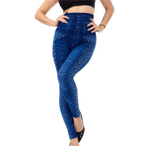 Hang qiao shopHangQiao Plus Size 3XL Synthetic Denim Jean Leggings High Waist Slim Elastic Seamless Skinny Pencil Pants Female Workout Running Leggings