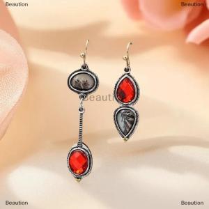 [COD] Beaution Vintage Punk Style Long Asymmetrical Inlaid Synthetic Drip Sticker Alloy Dangle Earrings For Women Jewelry Gift