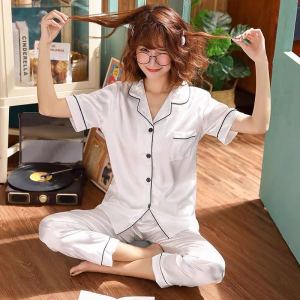 [พร้อมส่ง] SUNNY SHOP-ชุดนอนผู้หญิง ผ้าซาติน เสื้อเเขนสั้น+ กางเกงขายาว รุ่น1813..